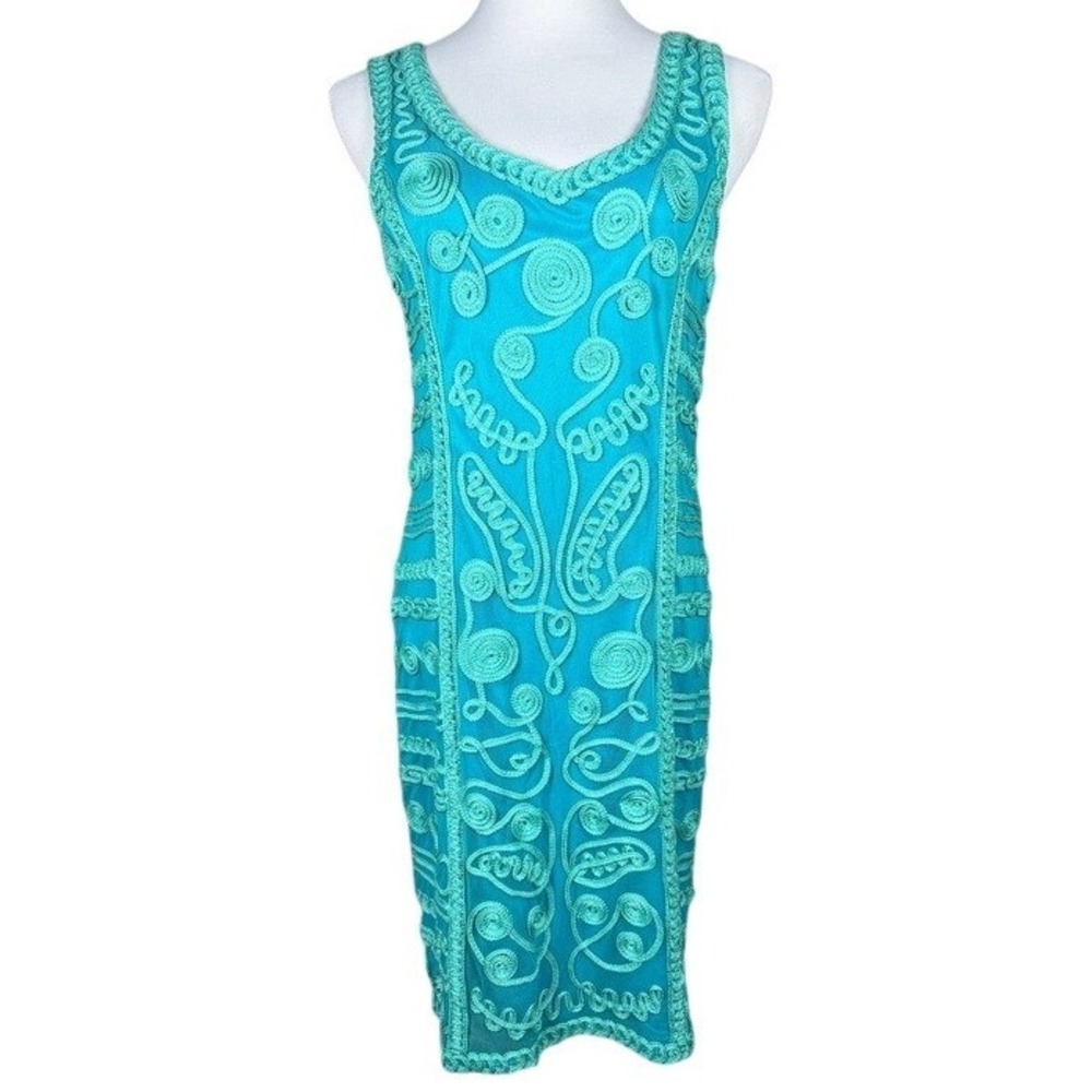 T&W Designs Women Turquoise Teal Soutache Embroidered‎ Mesh Sheath Dress Size L